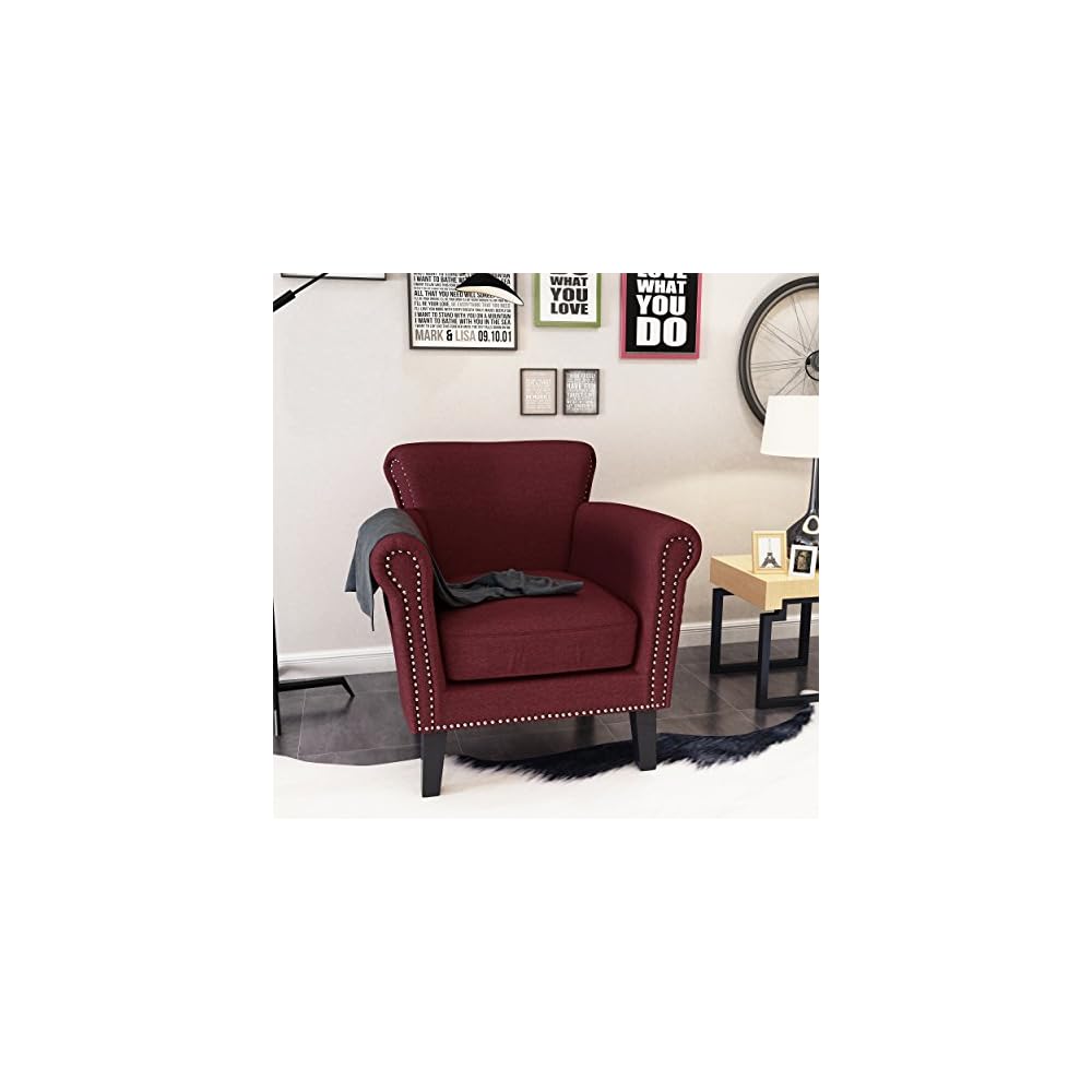 Brice Vintage Scroll Arm Studded Fabric Club Chair, Light Coffee / Dark Brown, 31D x 29.5W x 31.5H in