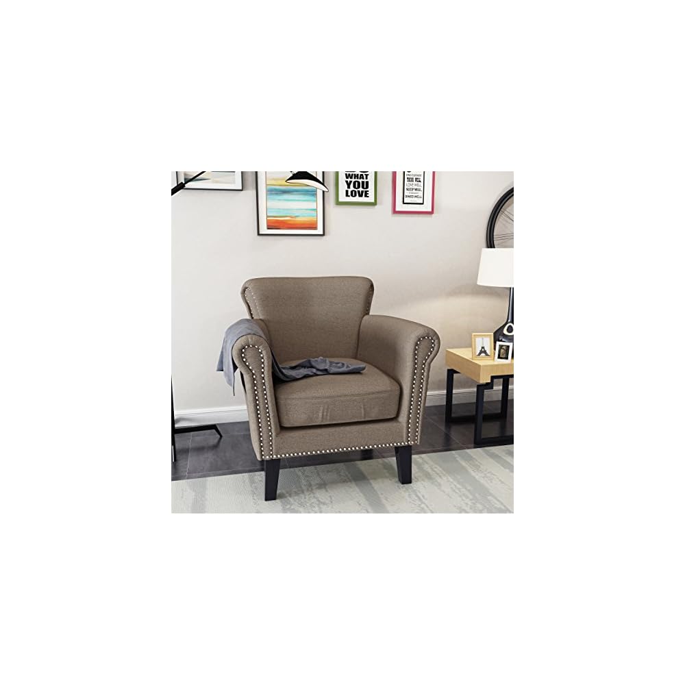 Brice Vintage Scroll Arm Studded Fabric Club Chair, Light Coffee / Dark Brown, 31D x 29.5W x 31.5H in