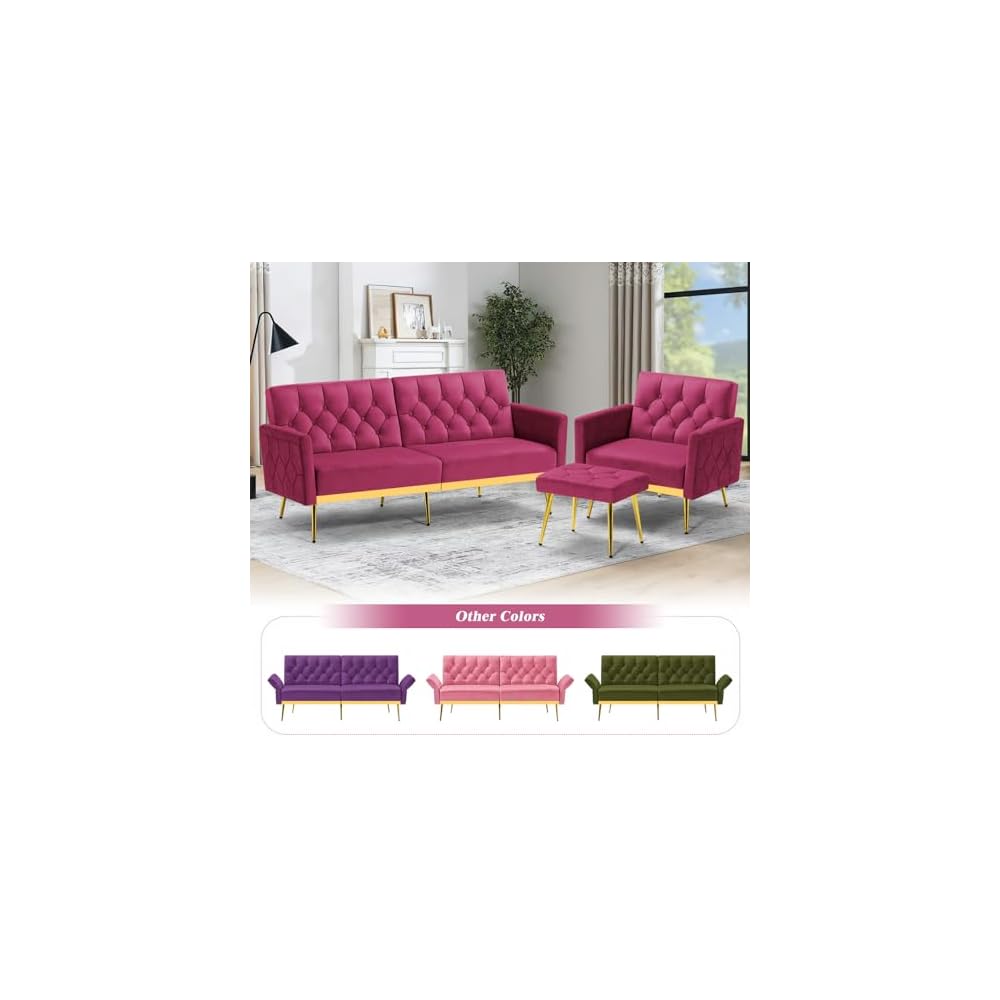 Velvet Sofa Bed w/Adjustable Armrests & Backrests, Fuchsia