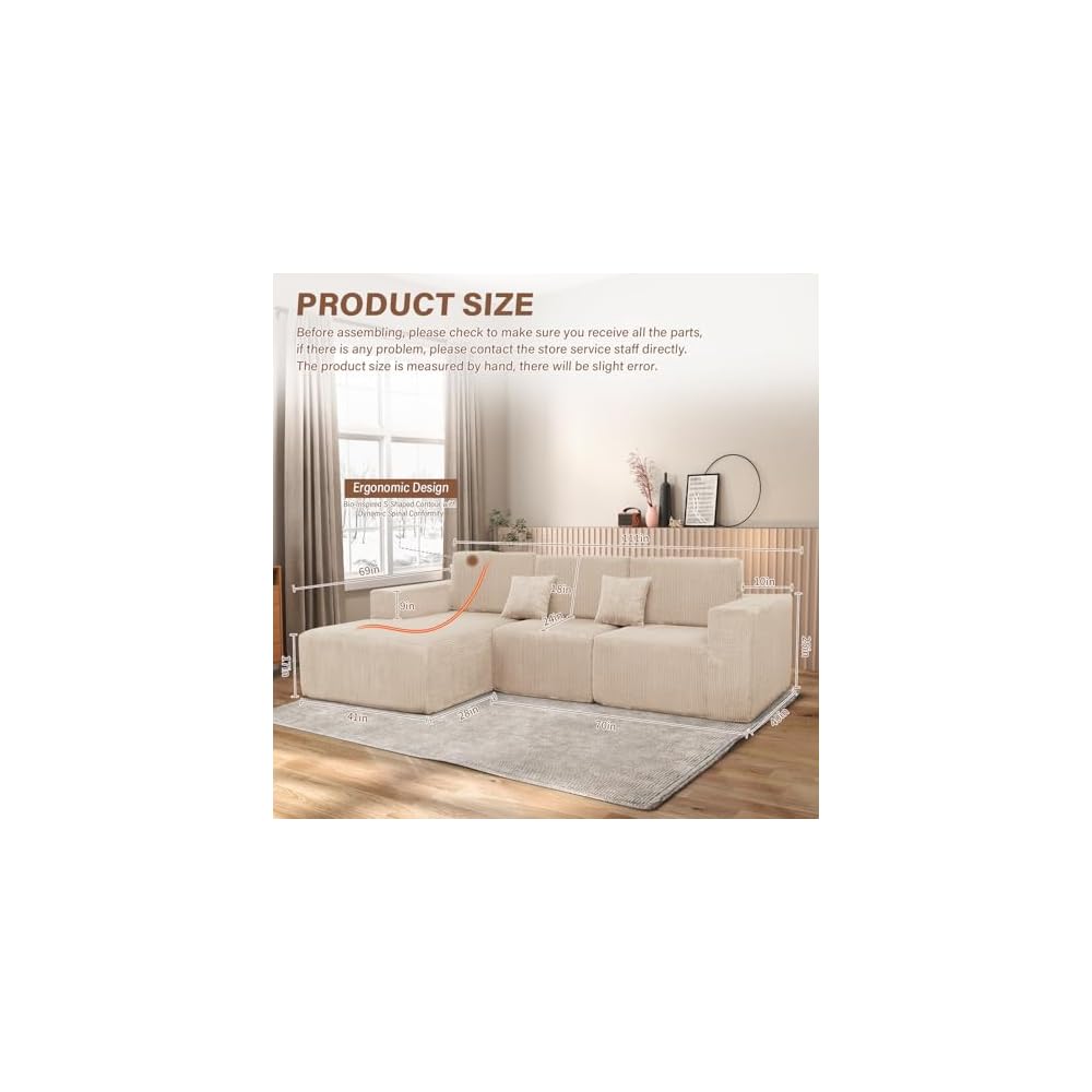 Boneless Couches for Living Room L-Shape Chaise Cloud Couch Modular Sectional 3 Pieces Deep Seat 111" Compressed Couches for Living Room Bedroom with Plush Corduroy Fabric No Assembly Required, Khaki