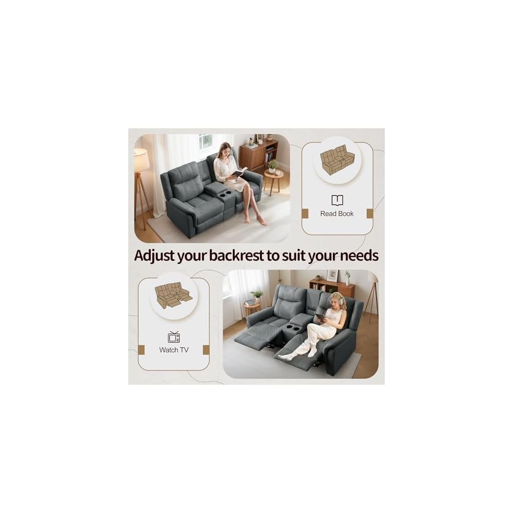 Loveseat Recliner Sofa, Reclining Loveseat Couch, Reclining Couch with Console, USB Port, US Outlets, and Cup Holders, 2-Seater Sofa for Living Room