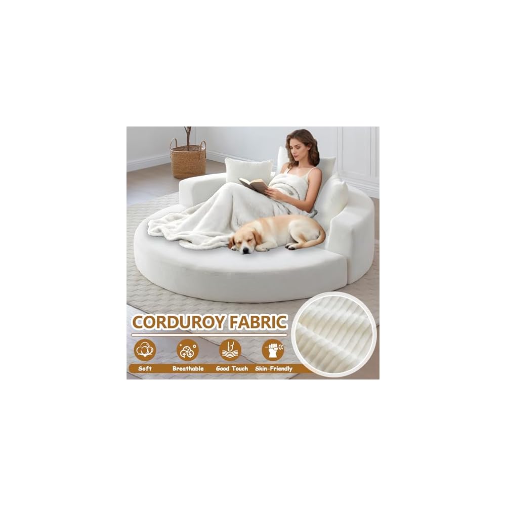 67" Convertible Sleeper Sofa Bed Upholstered Round, White Boneless Folding Sofa Bed Couch for Living Room Oversized Round Reading Chair for Bedroom Apartment