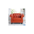 39" Chesterfield Tufted Sofa Chair, Midcentury Modern 1 Seater Couch with Deep Seat Cushions, Accent Strip, Rolled Arms & Solid Wood Legs, PU Leather Accent Sofa for Living Room, Orange