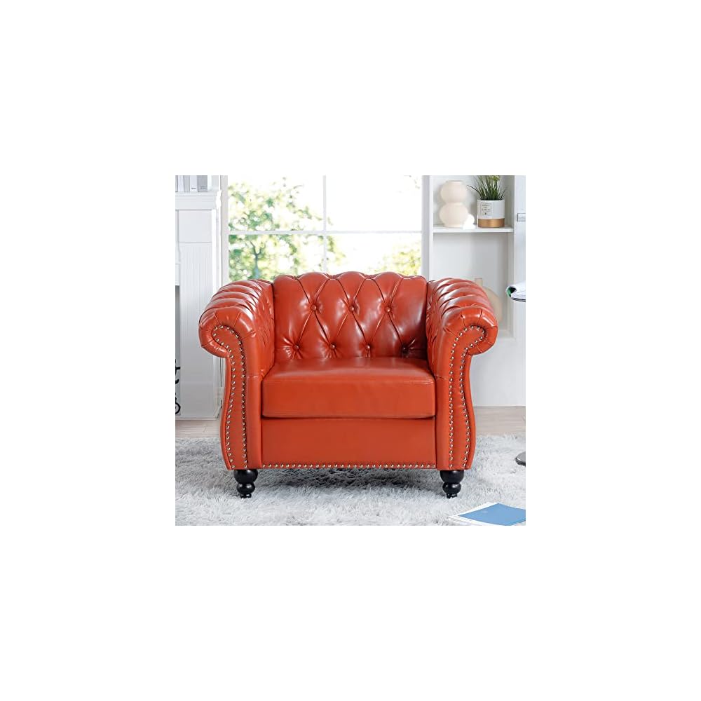 39" Chesterfield Tufted Sofa Chair, Midcentury Modern 1 Seater Couch with Deep Seat Cushions, Accent Strip, Rolled Arms & Solid Wood Legs, PU Leather Accent Sofa for Living Room, Orange
