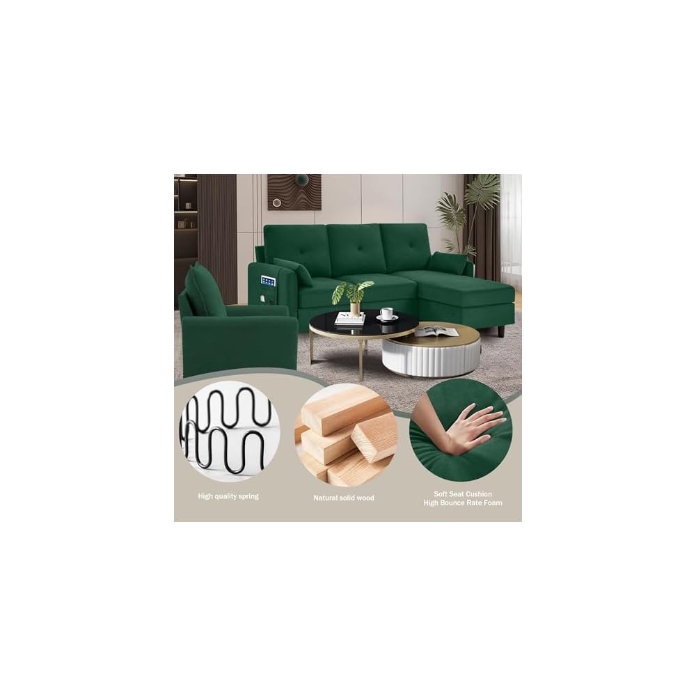 2 PCS Sectional Sofa Set, Convertible Sofa and Accent Chair, Small 3 Seat L Shaped Couch with Storage Ottoman and Side Pockets, Modern Couch for Living Room, Office, Apartment, Green