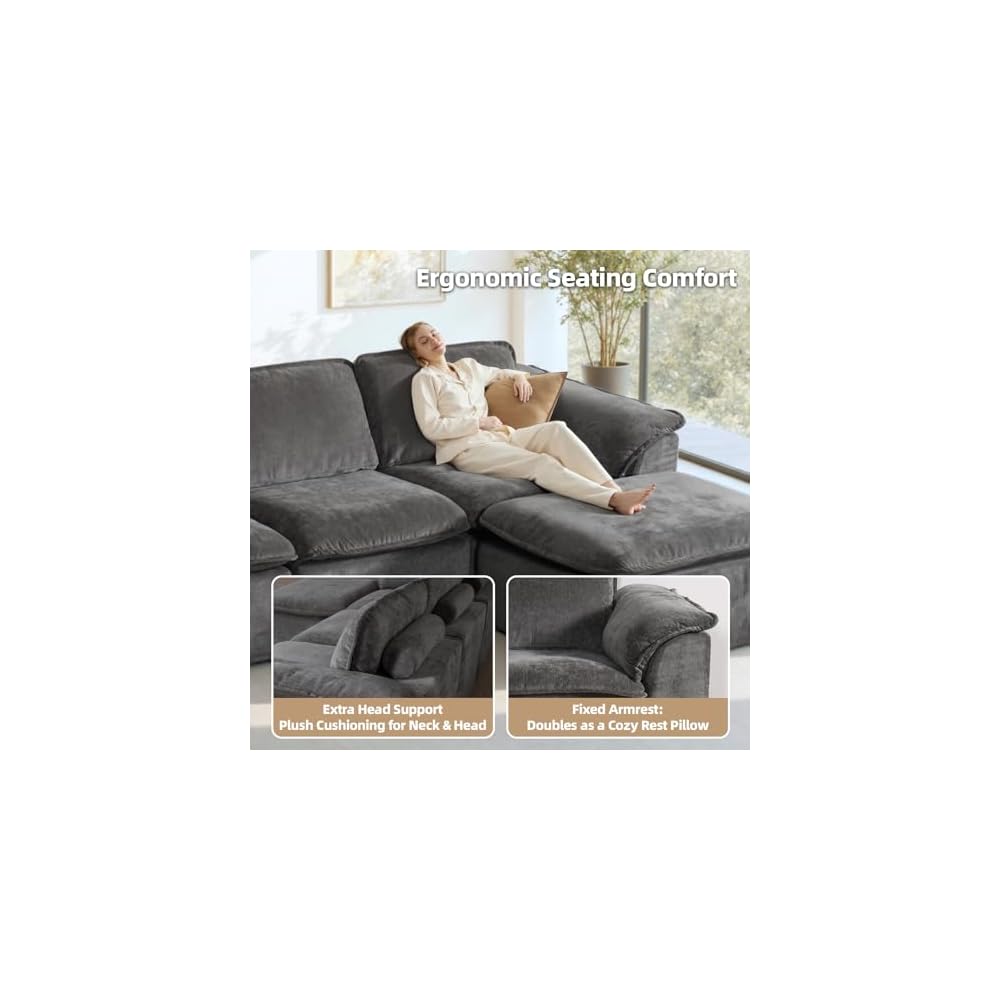 112" Cloud Couch with Padded Armrests & Moveable Ottoman Dark Grey