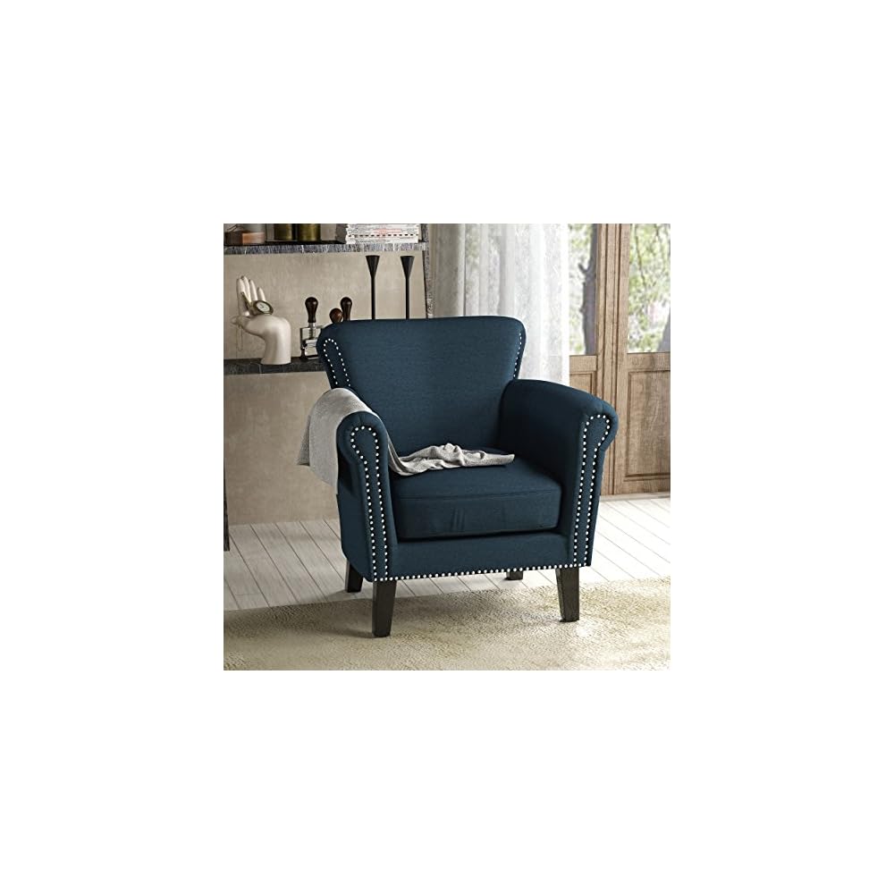 Brice Vintage Scroll Arm Studded Fabric Club Chair, Light Coffee / Dark Brown, 31D x 29.5W x 31.5H in
