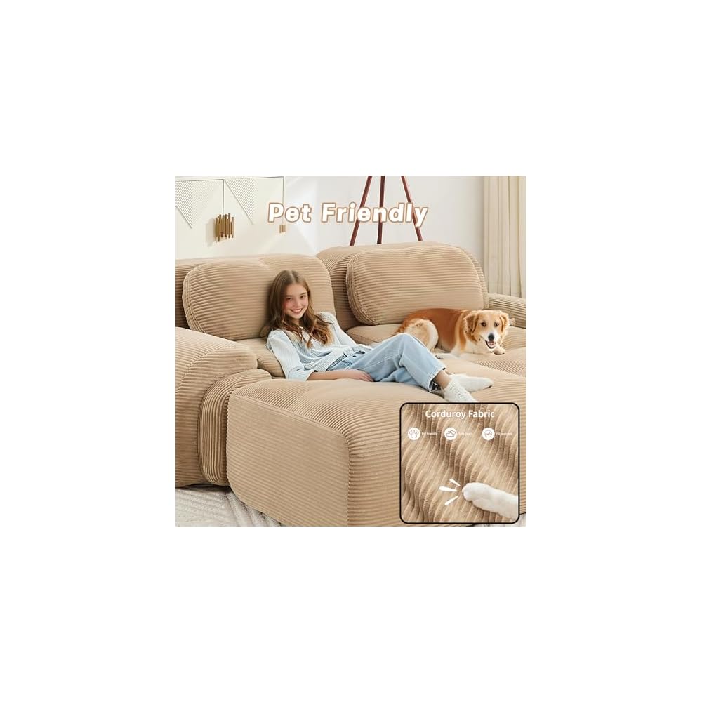 Modular Sectional Sofa Boneless Couch Corduroy Cloud Couch, Modern Deep Seat Sectional Couches for Living Room, 82" Loveseat Apartment Sofa Small Couches for Small Spaces, No Assembly(Camel)