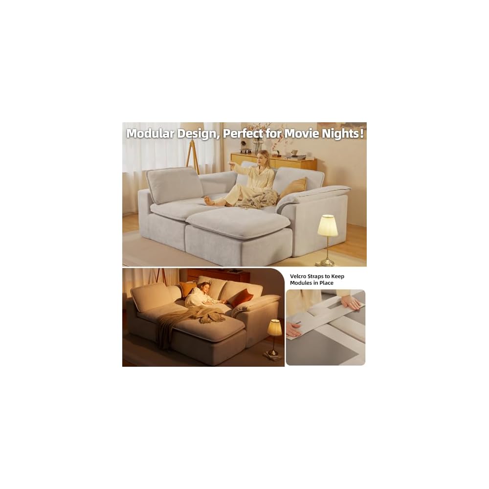 112" Cloud Couch with Padded Armrests & Moveable Ottoman Dark Grey