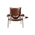 Vintage Leather Sling Lounge Chair with Metal Frame, Industrial Oil Wax Accent Chair with Arm Tray for Living Room, Cigar Lounge & Office (Brown)
