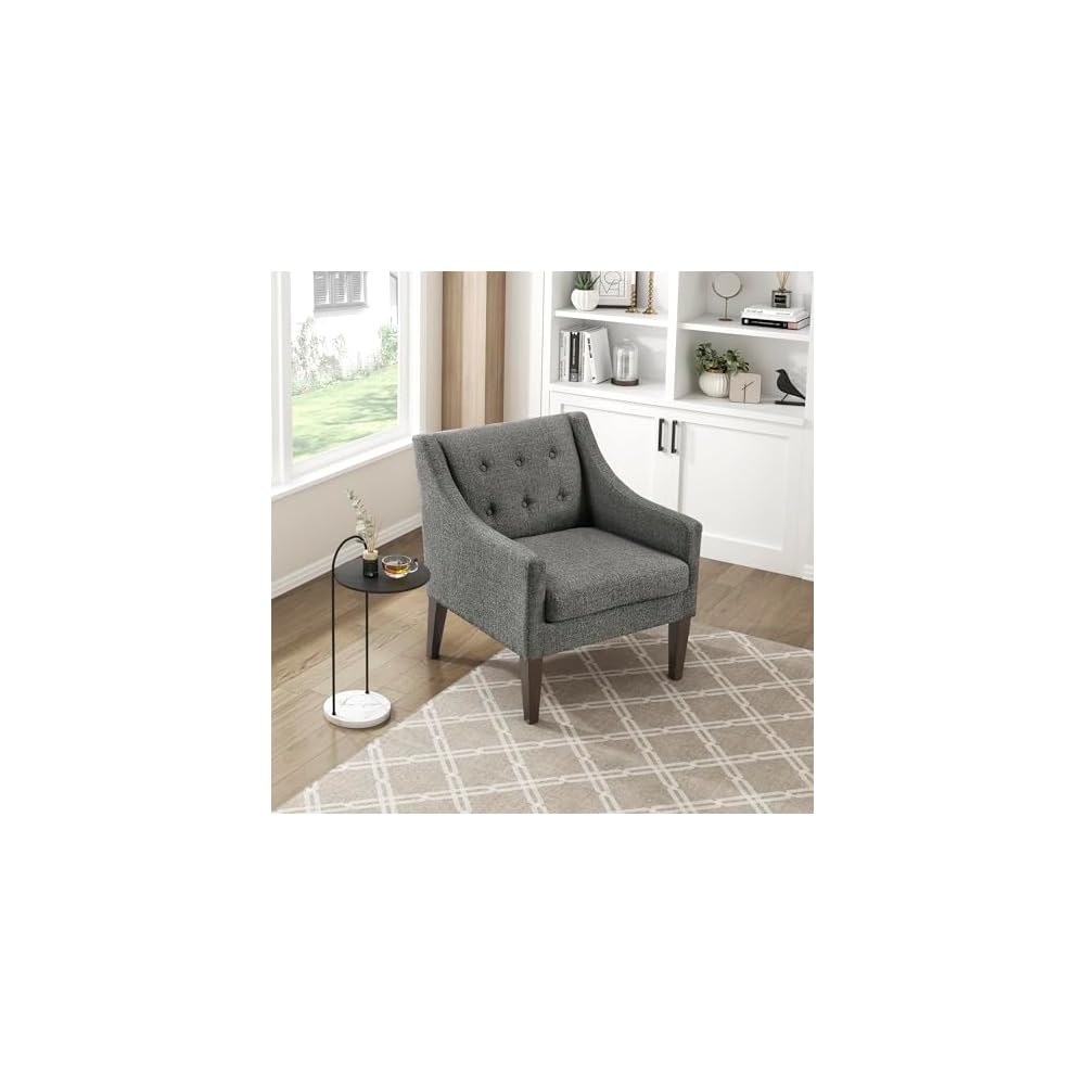 Living Room Accent Chair, Textured Fabric Upholstered Arm Chair with Button Tufted Back, Sloped Arms and Wooden Legs, Dark Gray