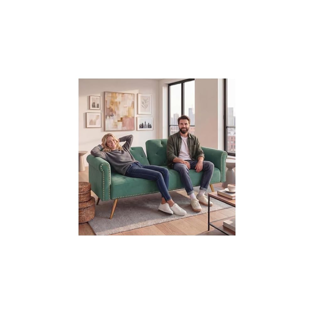 Modern 70" Velvet Sofa Bed Futon,Convertible Sleeper Couch with Adjustable Backrest, Split Back Loveseat with Golden Chrome Legs & 2 Pillows for Small Spaces,Living Room, Apartment (Green)