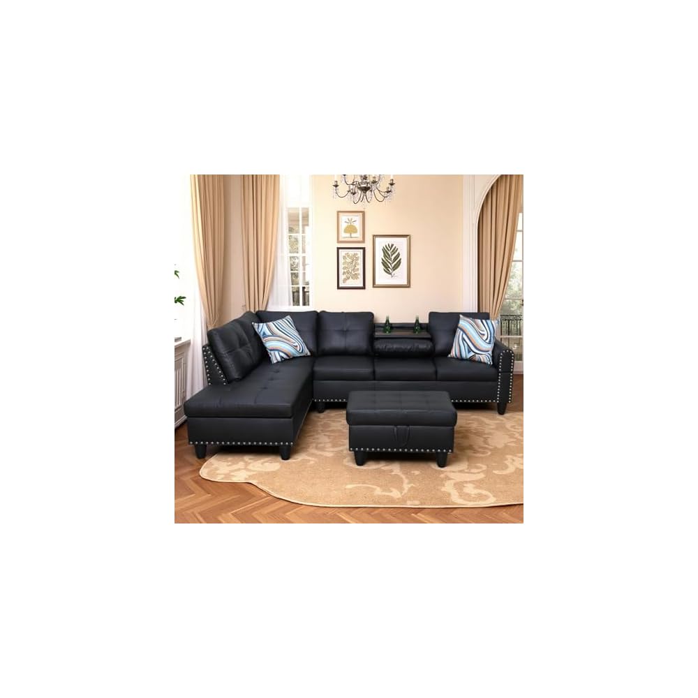 Leather 3-Piece L-Shaped Couches for Living Room, Sectional Sofa with Storage Ottoman & Movable Chaise, Modular Convertible Couch for Bedroom & Apartment, Midnight Black