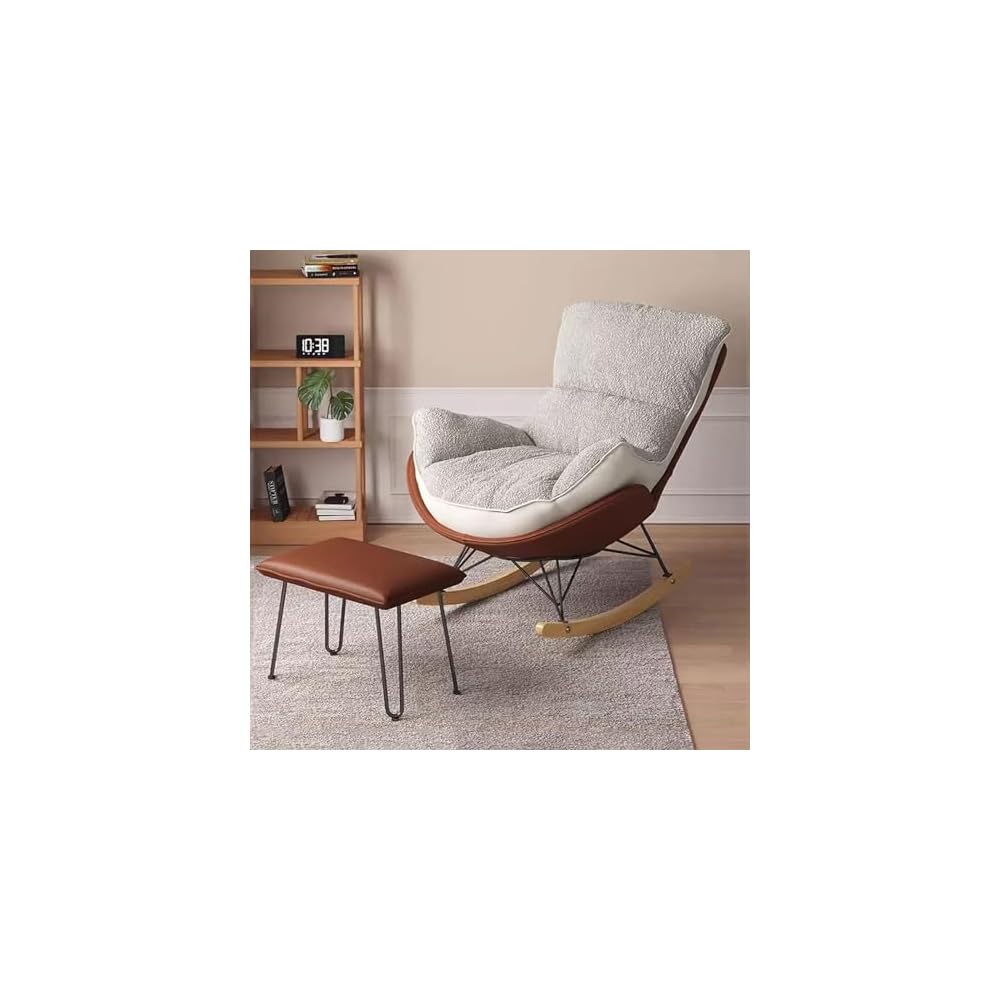 Rocker Glider Chair Rocking Chair with Ottoman Accent Upholstered Chair Modern Living Room Chair Balcony Leisure Chair Adult Sofa Chair with Thick Cushion (Color : Orange+Beige)