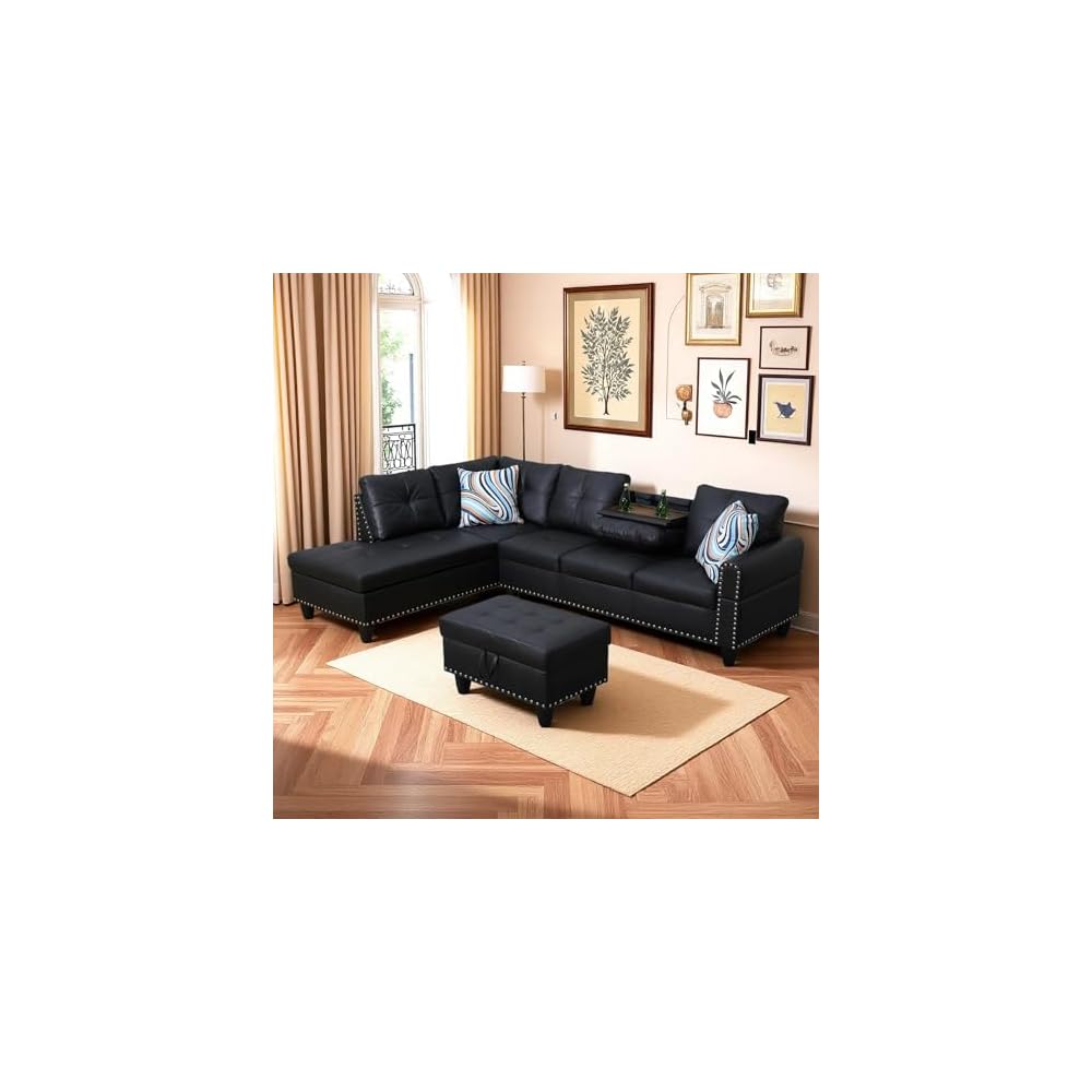 Leather 3-Piece L-Shaped Couches for Living Room, Sectional Sofa with Storage Ottoman & Movable Chaise, Modular Convertible Couch for Bedroom & Apartment, Midnight Black