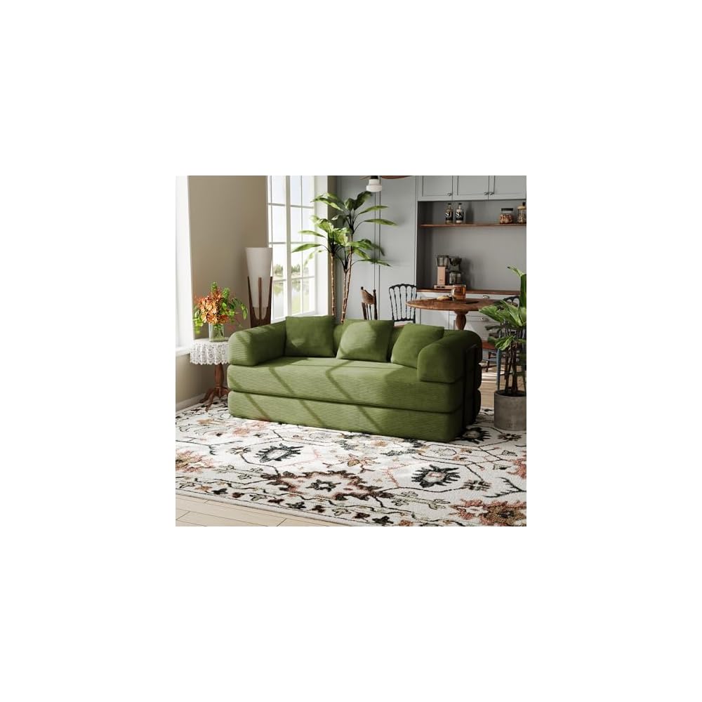 78" Corduroy Convertible Sofa Bed with Pull-Out Bed, Olive Green