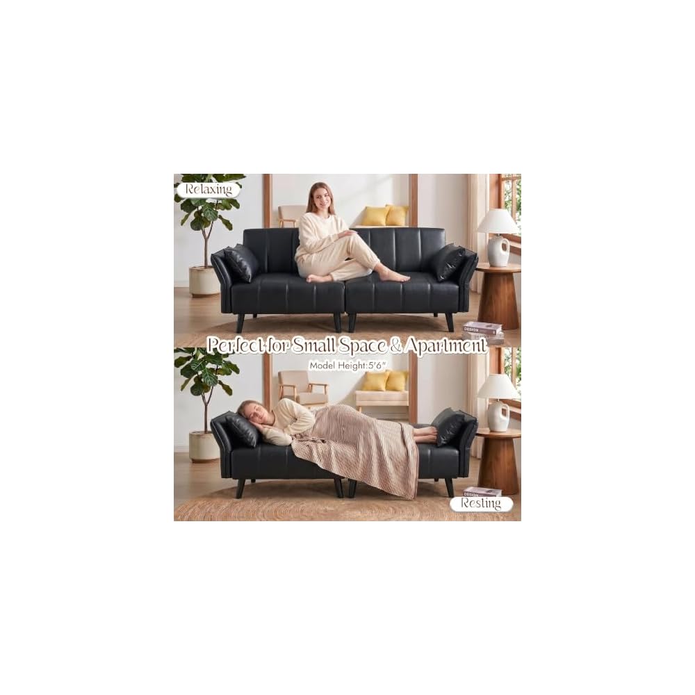 83" Faux Leather Futon Sofa Bed,Convertible 3-Seater Leather Couch(Black)