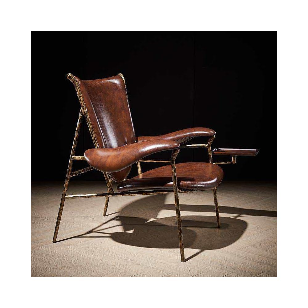 Vintage Leather Sling Lounge Chair with Metal Frame, Industrial Oil Wax Accent Chair with Arm Tray for Living Room, Cigar Lounge & Office (Brown)