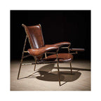 Vintage Leather Sling Lounge Chair with Metal Frame, Industrial Oil Wax Accent Chair with Arm Tray for Living Room, Cigar Lounge & Office (Brown)