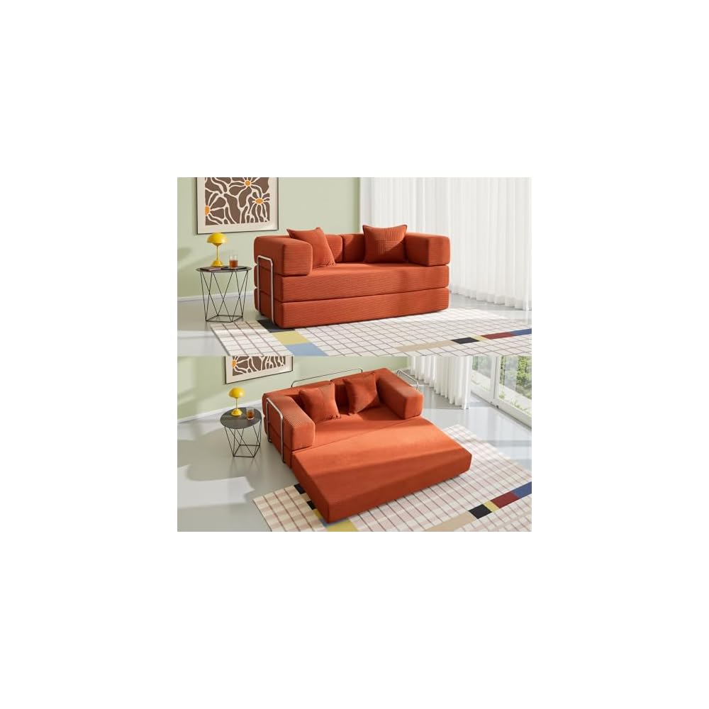 Sofa Bed, 62'' Folding Floor Couch, Compressed Convertable Sleeper Sofa, Memory Foam Couch with Pillow Back Support Armrest, 4-in-1 Futon Sofa Bed for Living Room, Tangerine