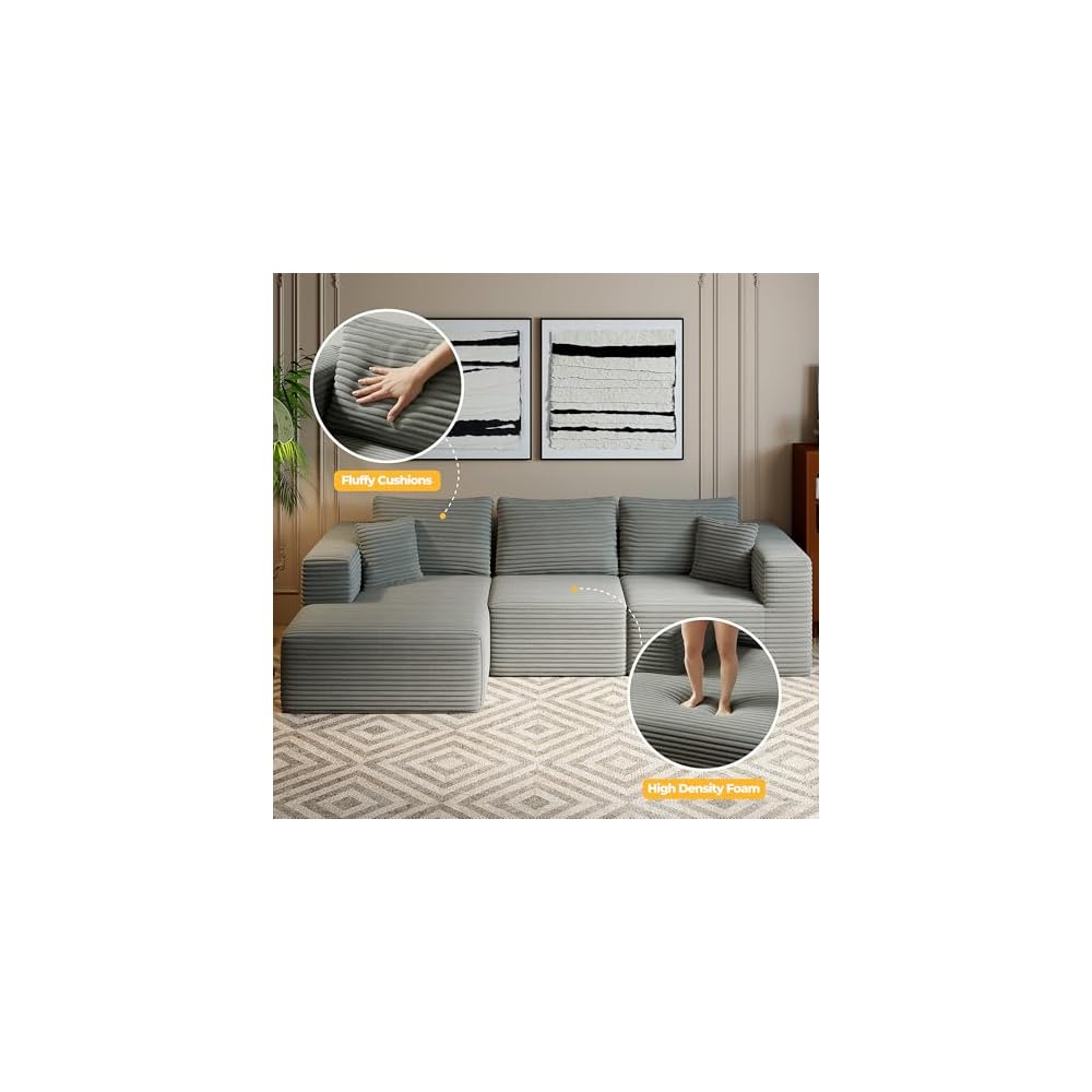 108.4" Sectional Couches for Living Room, Cloud Boneless Sofa with Oversized Chaise, Modular L-Shape Couch, Deep Seat Comfy Corduroy Fluffy Upholstered, No Assembly Required(Dark Grey)