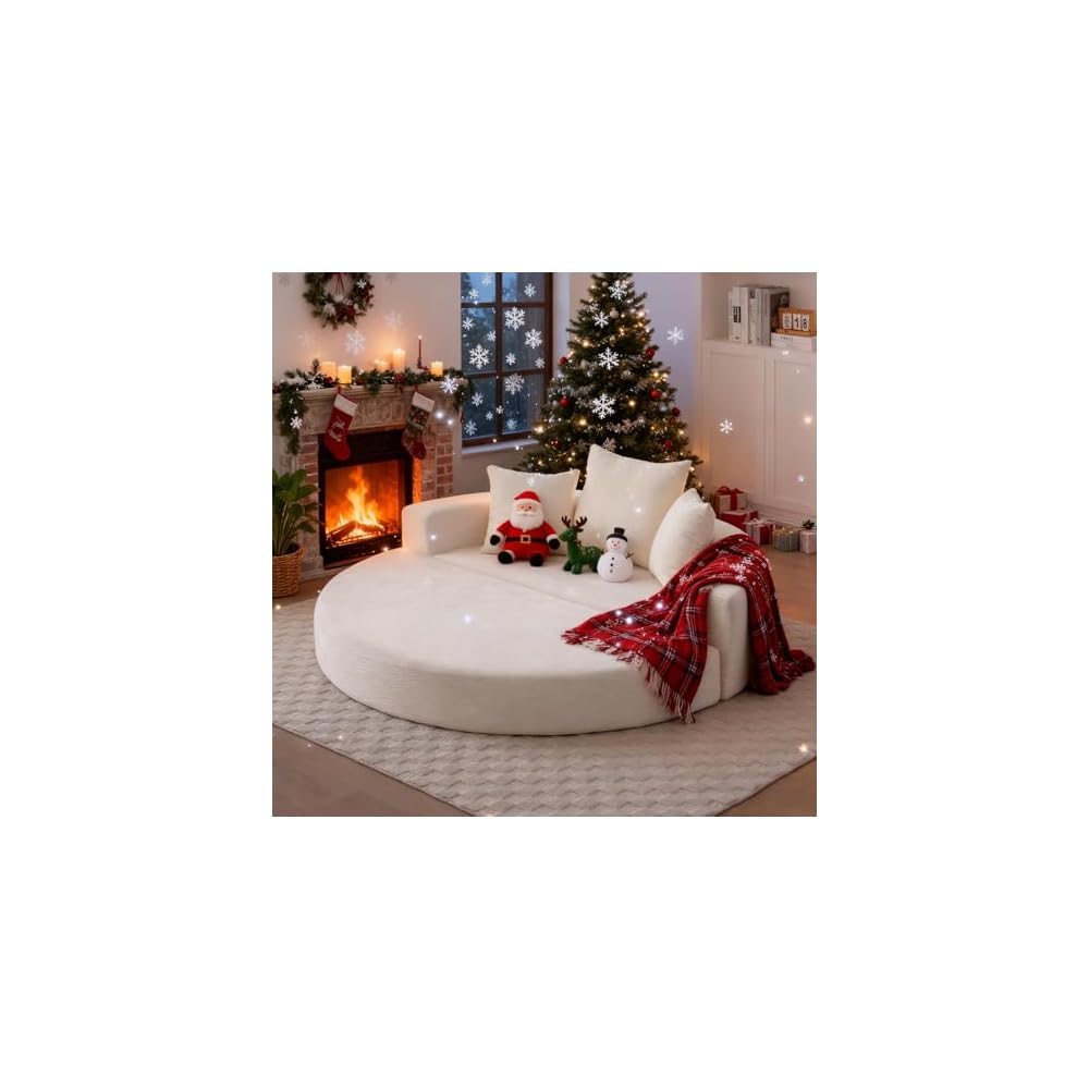 67" Convertible Sleeper Sofa Bed Upholstered Round, White Boneless Folding Sofa Bed Couch for Living Room Oversized Round Reading Chair for Bedroom Apartment