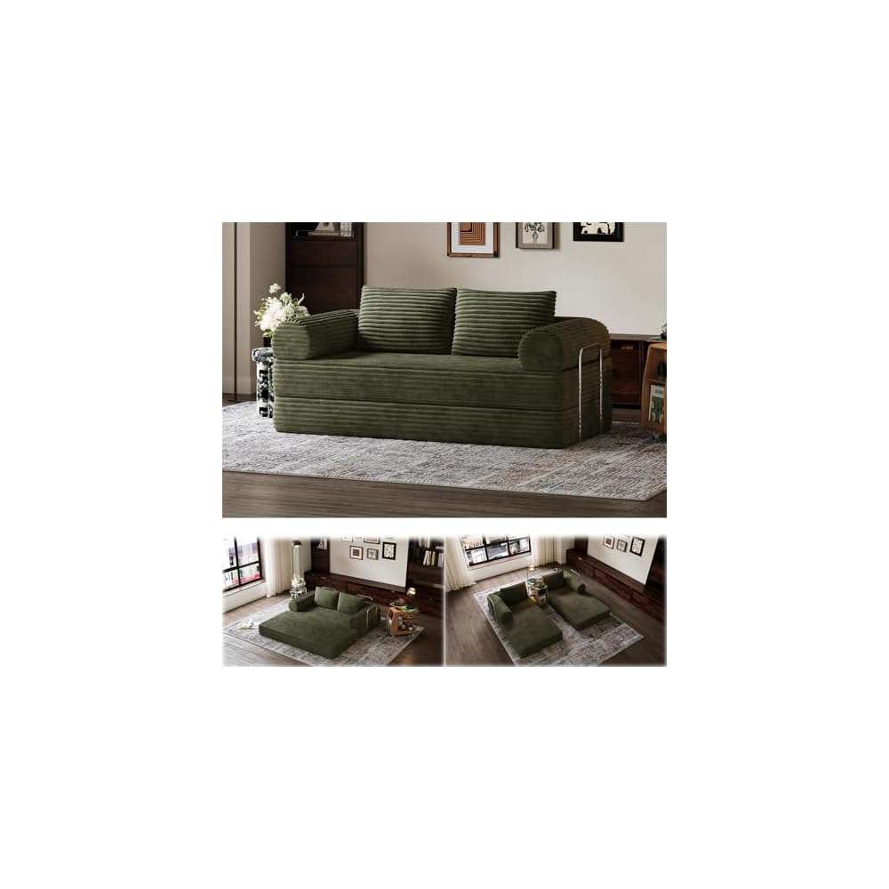 75" Convertible Futon Sofa Bed, Boneless Couch with Smarts Coil® Support & High-Density Foam, No Assembly Corduroy Folding Loveseat Floor Sleeper for Living Room, Apartment, Bedroom, Green