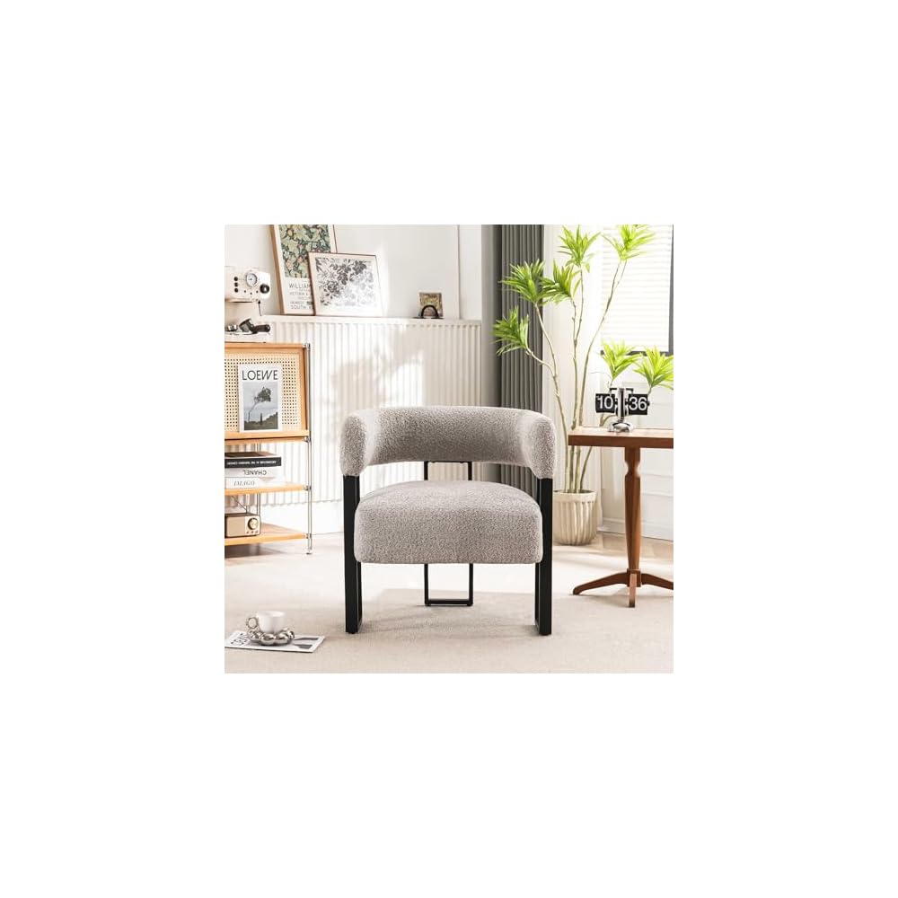 Accent Chair Grey Upholstered Teddy Velvet Single Sofa Modern Corner Round Padded Armrest Club Boucle Armchair for Living Room Bedroom Office Hotel Lounge Nursery Apartment Black Metal Stand