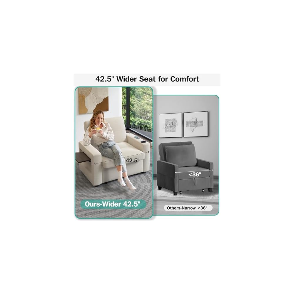 42.5" W Sleeper Chair Bed with Pull Out Bed, 3-in-1 Convertible Sleeper Sofa Chair with Adjustable Reclining Backrest, USB Ports, Side Table, Cup Holder, Side Pockets, Premium Beige Color