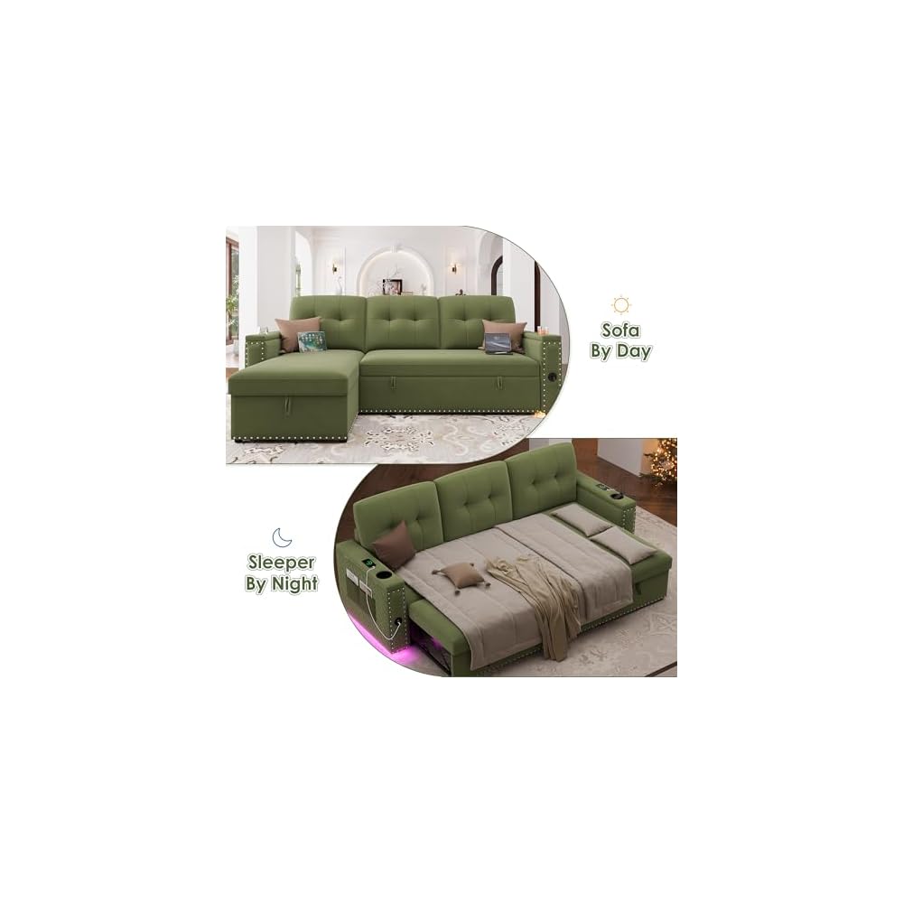 81" LED L-Shaped Sectional Couch, Sleeper Sofa Bed for Living Room, Green
