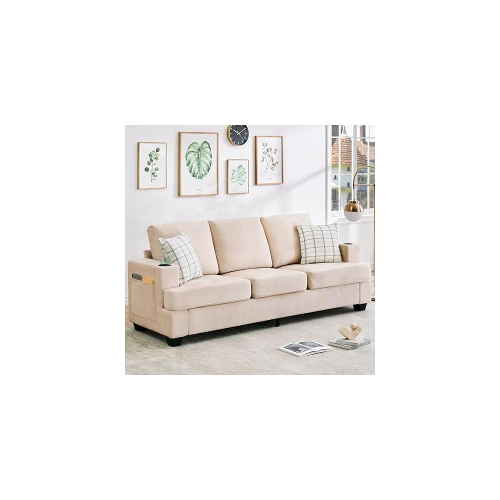 Chenille Sofa for Living Room, 89-Inch Comfy Couch with Deep Seat, Modern 3-Seater Sofa with Cup Holders and Side Storage Pockets for Apartment Lounge in Beige