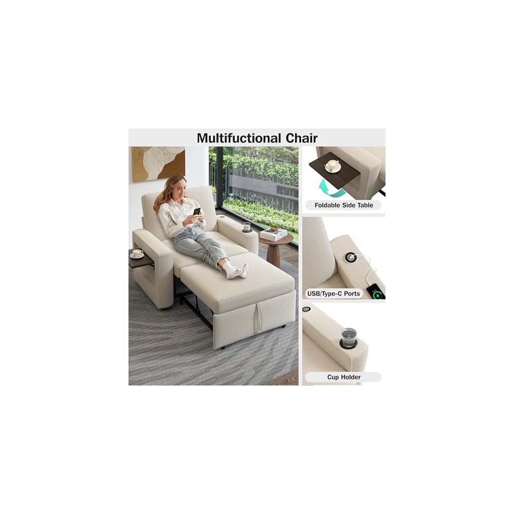 42.5" W Sleeper Chair Bed with Pull Out Bed, 3-in-1 Convertible Sleeper Sofa Chair with Adjustable Reclining Backrest, USB Ports, Side Table, Cup Holder, Side Pockets, Premium Beige Color