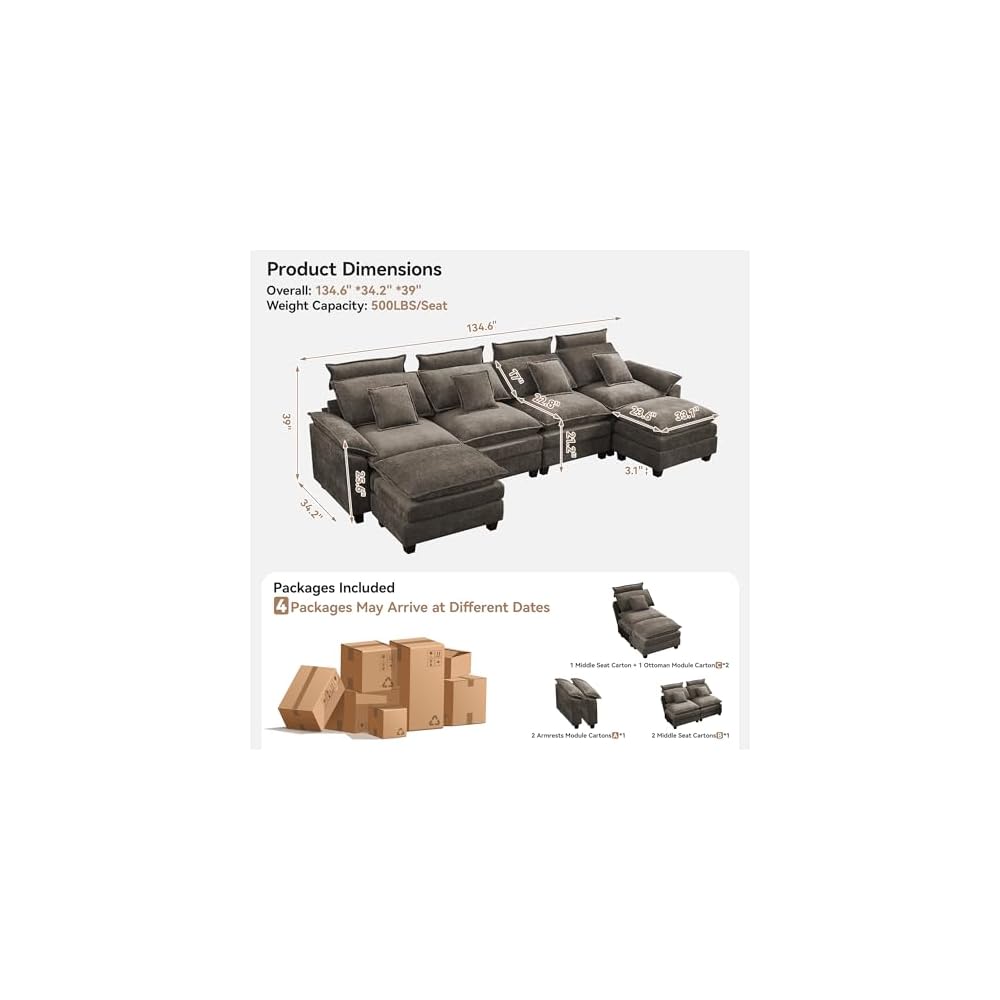 134'' Cloud Modern 4 Seater Couch with Detachable Headrest, Modular Sectional Sofa with 2 Ottomant, Oversized U Shape Chenille Comfy Sofa with Armrests for Living Room, Brown