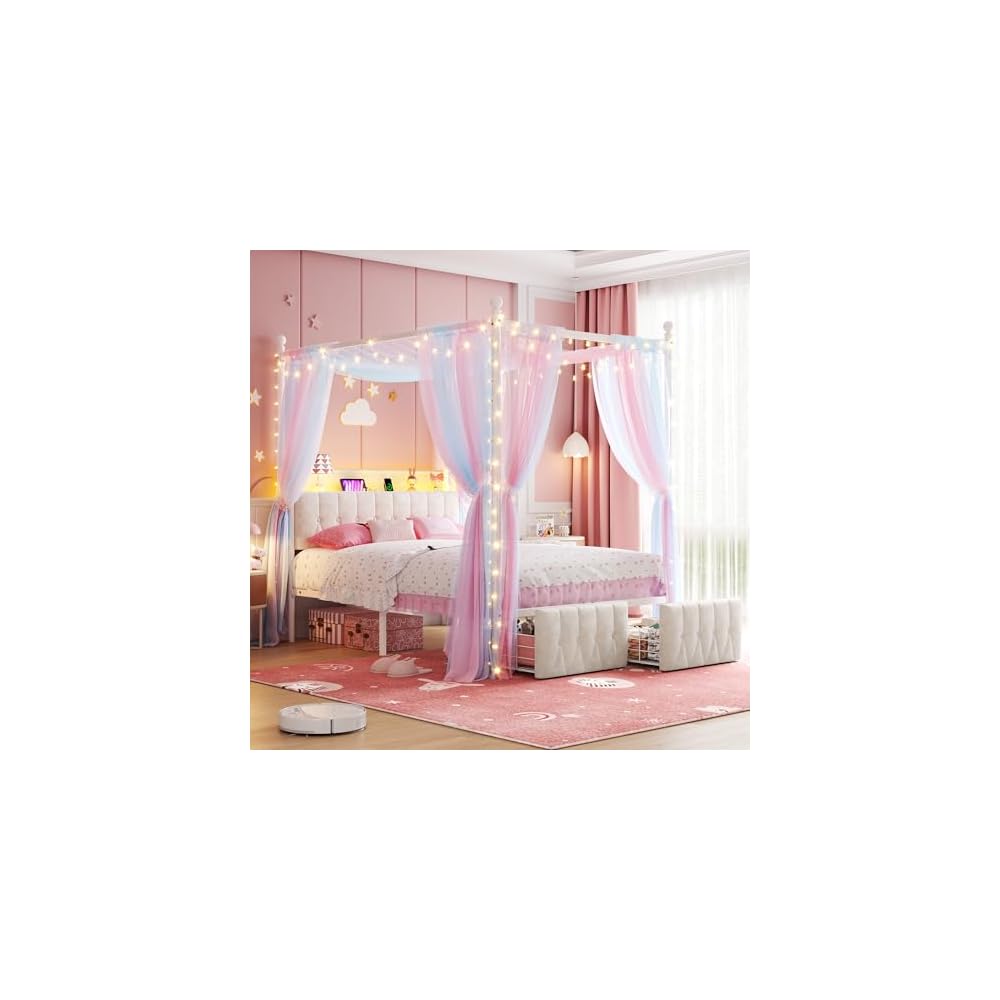 Full Canopy Bed Frame with Drawers and LED Lights & Charging,White
