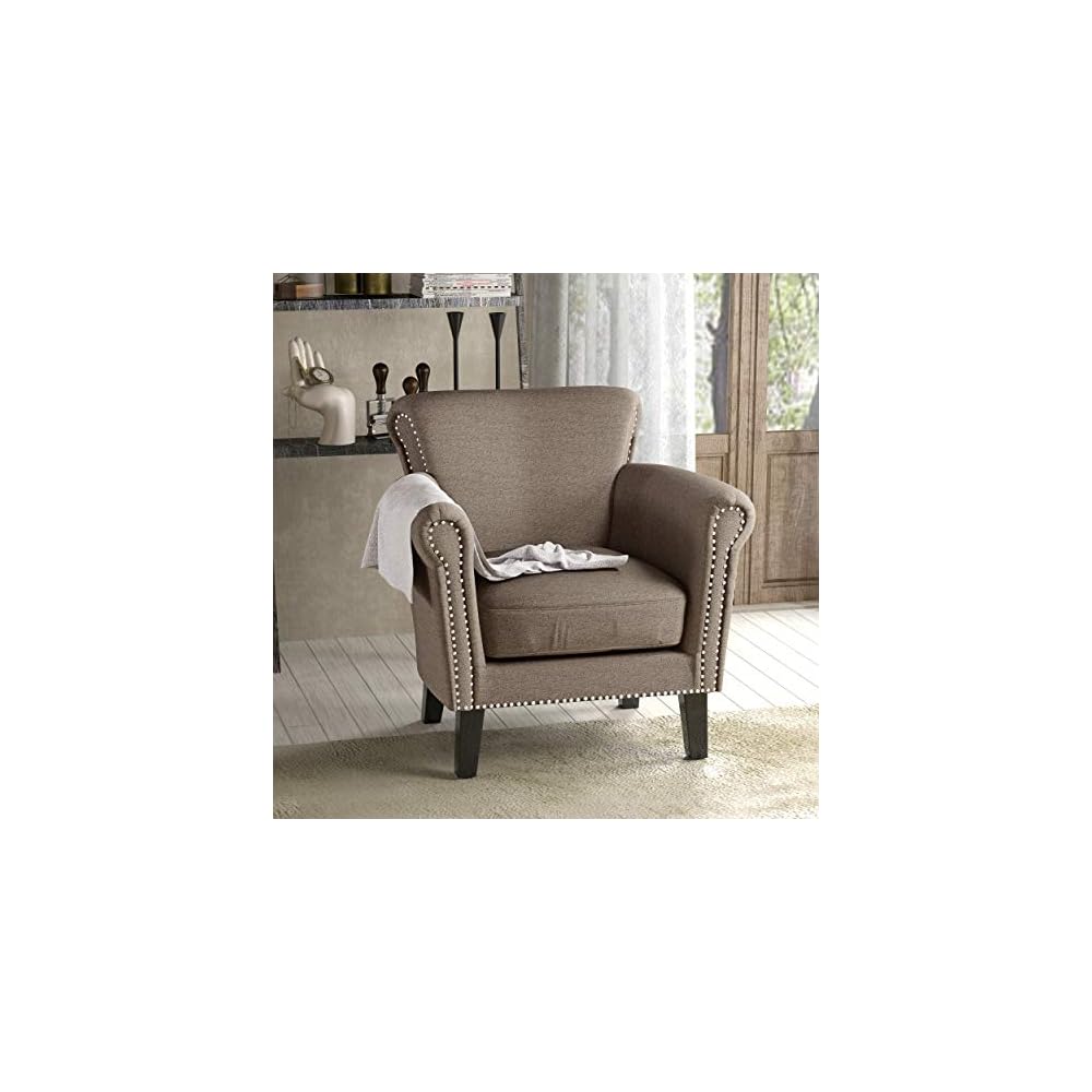 Brice Vintage Scroll Arm Studded Fabric Club Chair, Light Coffee / Dark Brown, 31D x 29.5W x 31.5H in