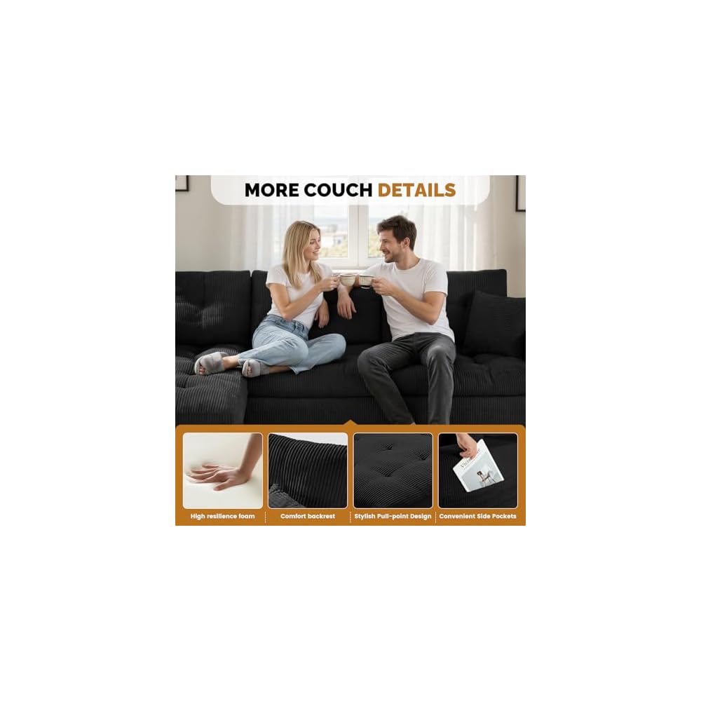 80" Boneless Loveseat Sofa, Cloud Couch with Layered Cushion, Small Couch Compressed Foam Sofa for Living Room, Apartment, Office, Black Corduroy