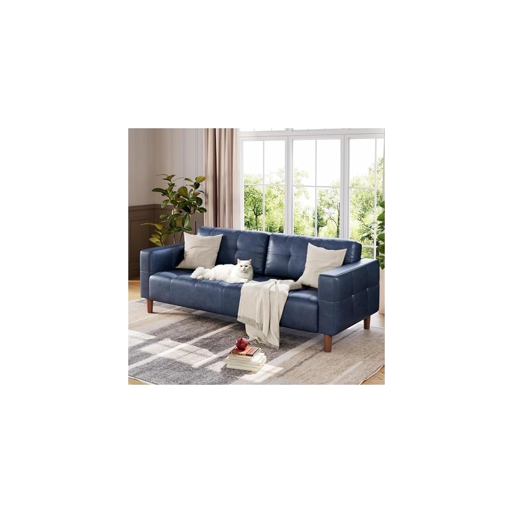 83” Blue Faux Leather Couch, 3 Seater Sofa Couches