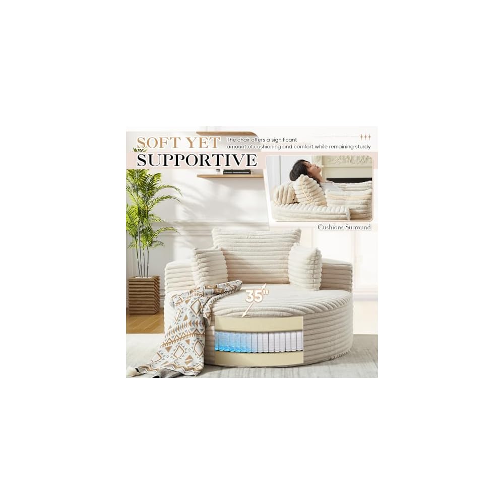 Modern Round Accent Sofa Chair for Living Room, Upholstered Corduroy Barrel Lounge Arm Chair with Large seat&Throw Pillows for Bedroom, Office, Apartment, Beige