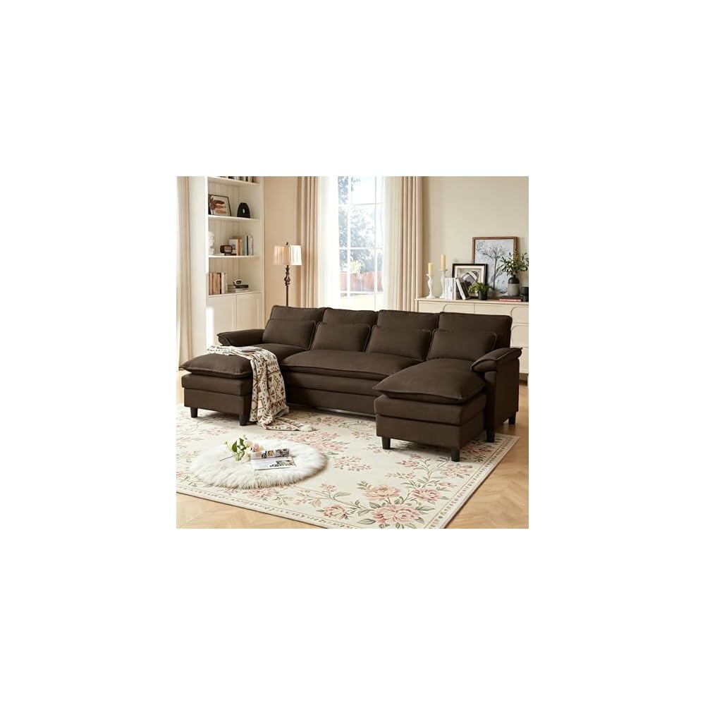 104" U Shape Cloud Couch, Convertible Sectional Sofa, Comfy Couches with Double Chaise and Sleepable Armrests, 4 Seats Sectional Sofa for Living Room, Coffee