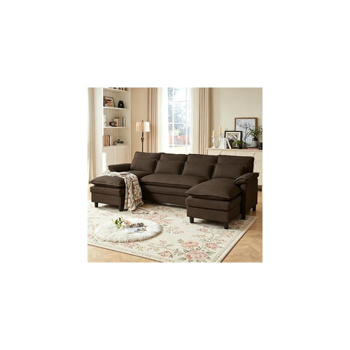 104" U Shape Cloud Couch, Convertible Sectional Sofa, Comfy Couches with Double Chaise and Sleepable Armrests, 4 Seats Sectional Sofa for Living Room, Coffee