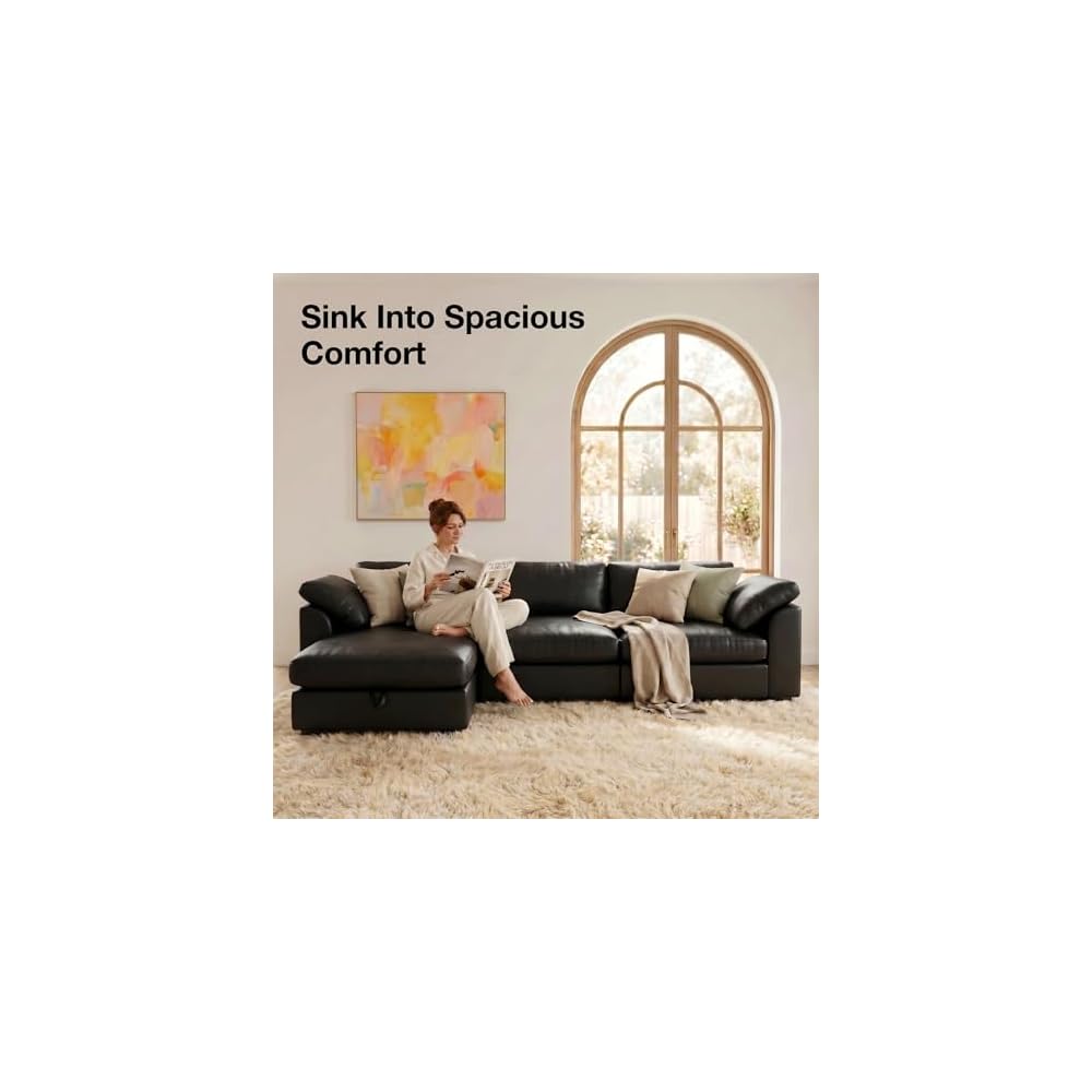 120" Oversized Cloud Modular Sectional Sofa for Living Room, L Shaped Cloud Couch with Storage Ottoman, Premium Faux Leather Sofa, Down-Filled Wide Deep Seat, Tool Free Assembly, Black