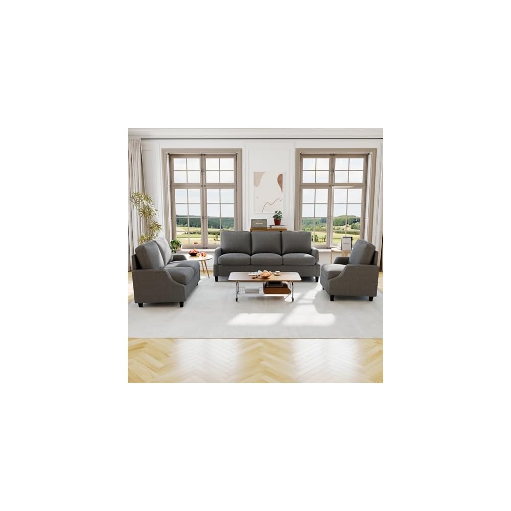 Couch And Loveseat Sets:3 Seater Couch,2 Seater Couch & Accent Chair,Modern Style 6 Seater Sectional Sofa.Adopts skin-friendly fabric for Living Room,Office,or Apartment.(Curved Handrail+Gray)