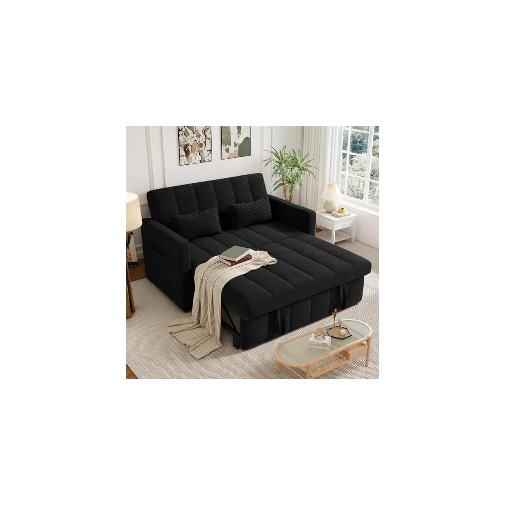 Sleeper Sofa Bed,3-in-1 Convertible Pull Out Couch with Adjustable Backrest for Living Room,Loveseat Sofa Bed with Side Pockets,Easy Assembly,Black,1 PCS