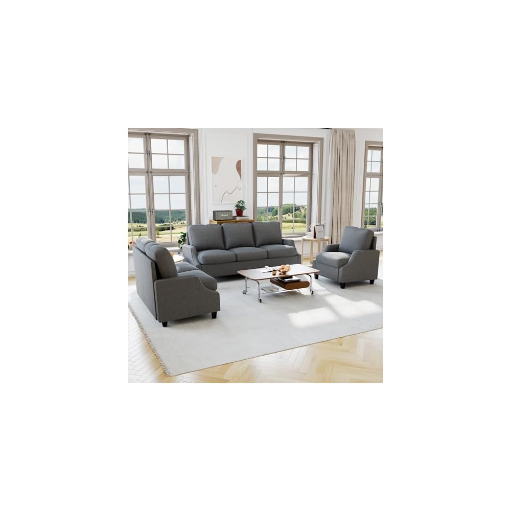 Couch And Loveseat Sets:3 Seater Couch,2 Seater Couch & Accent Chair,Modern Style 6 Seater Sectional Sofa.Adopts skin-friendly fabric for Living Room,Office,or Apartment.(Curved Handrail+Gray)