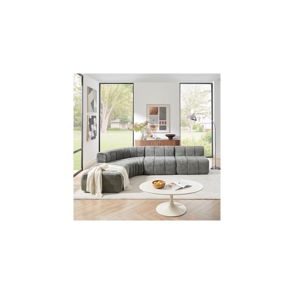 Modular Chenille Sectional Sofa with Curved L-Shape Design & Detachable Ottoman, Soft High-Density Fabric for Living Room, Apartment, Small Space, No Assembly Required, Dark Gray
