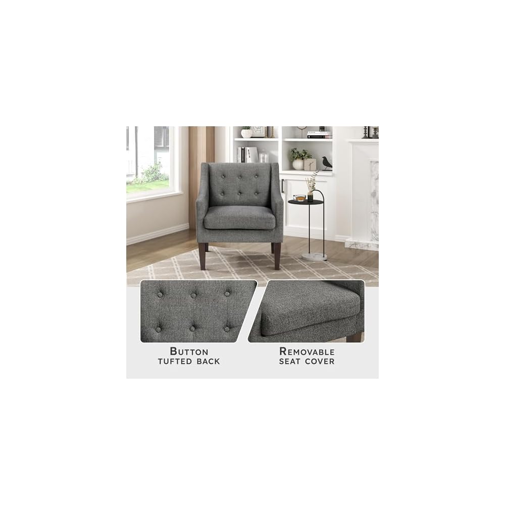 Living Room Accent Chair, Textured Fabric Upholstered Arm Chair with Button Tufted Back, Sloped Arms and Wooden Legs, Dark Gray