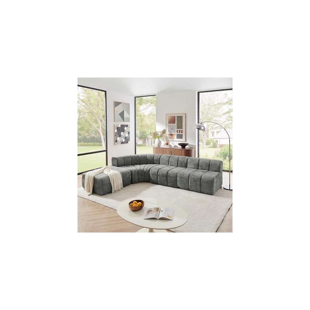 Modular Chenille Sectional Sofa with Curved L-Shape Design & Detachable Ottoman, Soft High-Density Fabric for Living Room, Apartment, Small Space, No Assembly Required, Dark Gray