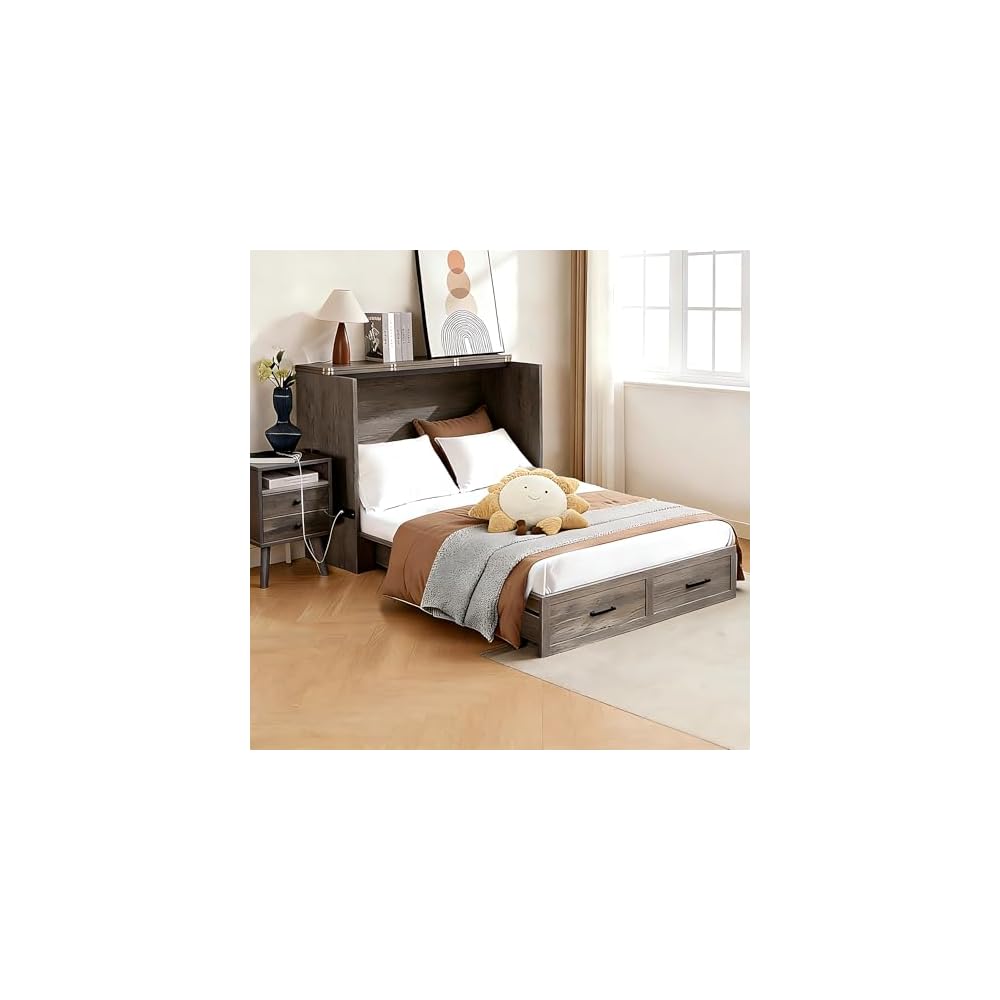 Murphy Bed, Full Farmhouse Cabinet with Charging & Storage, Rustic Grey