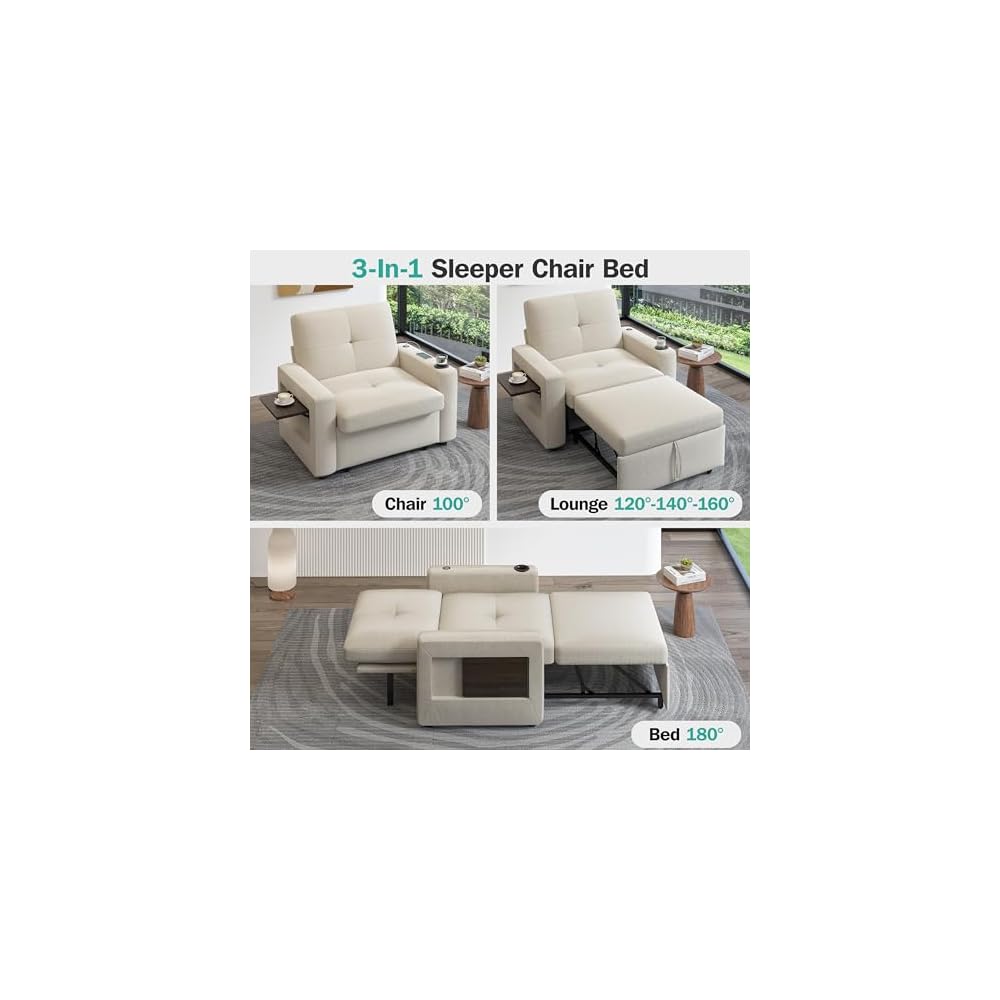 42.5" W Sleeper Chair Bed with Pull Out Bed, 3-in-1 Convertible Sleeper Sofa Chair with Adjustable Reclining Backrest, USB Ports, Side Table, Cup Holder, Side Pockets, Premium Beige Color