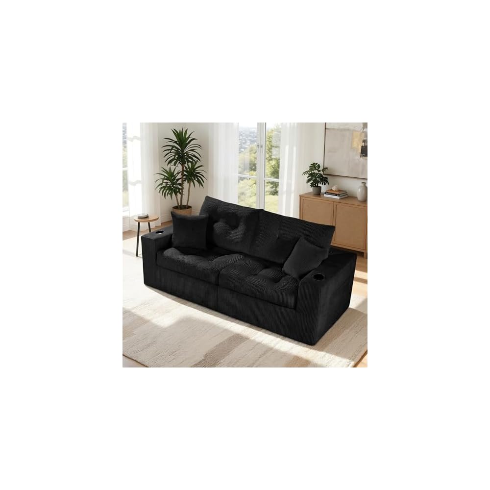 80" Boneless Loveseat Sofa, Cloud Couch with Layered Cushion, Small Couch Compressed Foam Sofa for Living Room, Apartment, Office, Black Corduroy